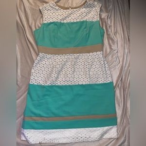 Studio one colorblock lace sheath dress size 18 teal and tan